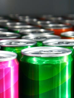 Many colorful cans standing in a rows close-up