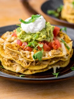 Crunchy chicken tostada stack made with corn tortillas