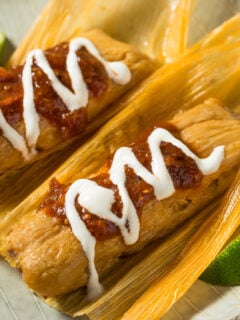 Homemade Beef Cornmeal Tamales with Salsa and Crema
