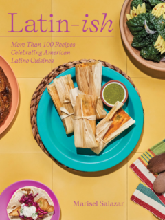 Cover of the Latin-ish cookbook with images of recipes from the book on either side