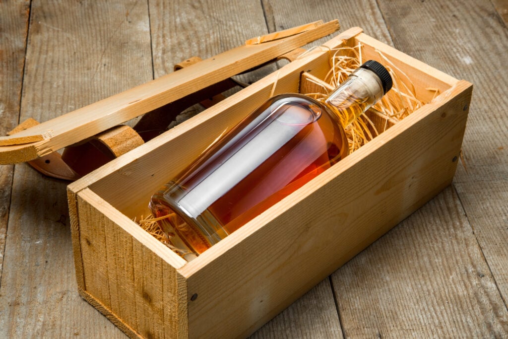 Gift box wooden crate barrel aged whiskey