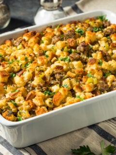 Homemade Thanksgiving Pork Sage Stuffing in a Casserole Dish