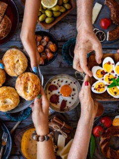 Top view of a traditional breakfast meal with friends