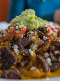 Close-up of a plate of carne asada fries with guacamole on top. This is a local speciality of parts of Arizona and the San Diego area of California.