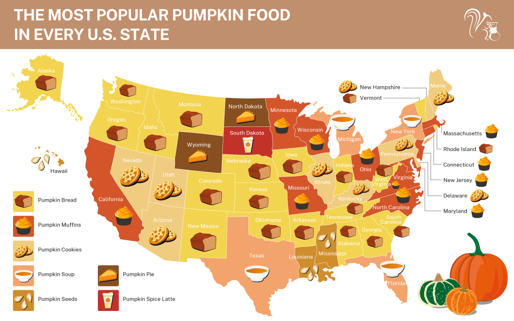 A map of the most popular pumpkin foods in the United States based on Google Trends